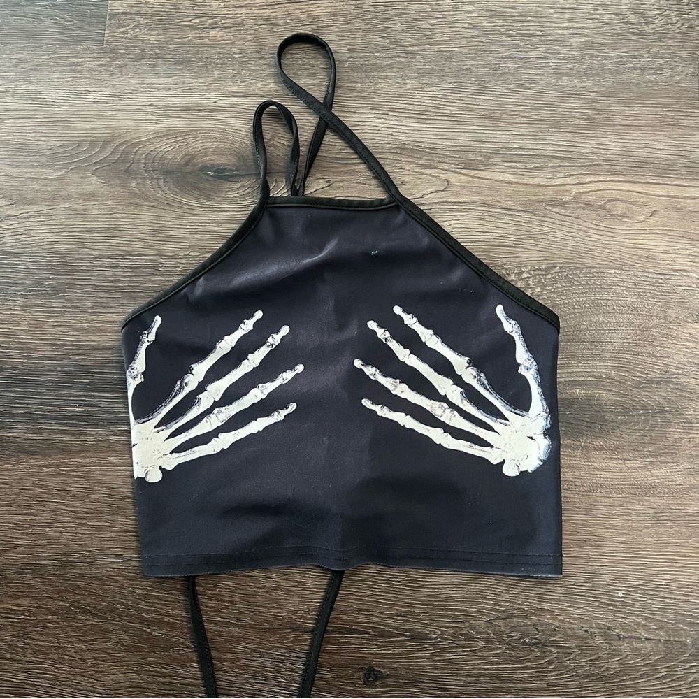 Black Crop Top with Skeleton Hand Design
